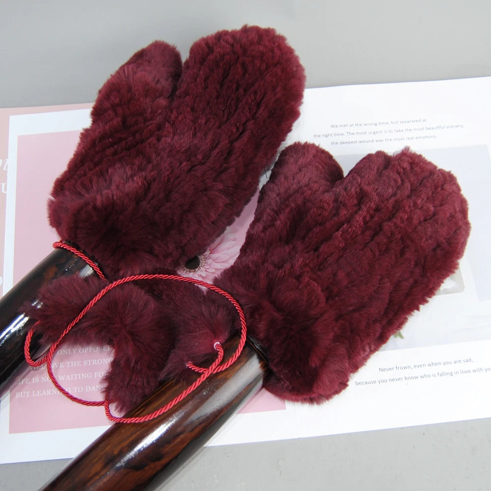 Damen Gestrickte Rex Kaninchen Fell Winterhandschuhe - Warme Weiche Fäustlinge