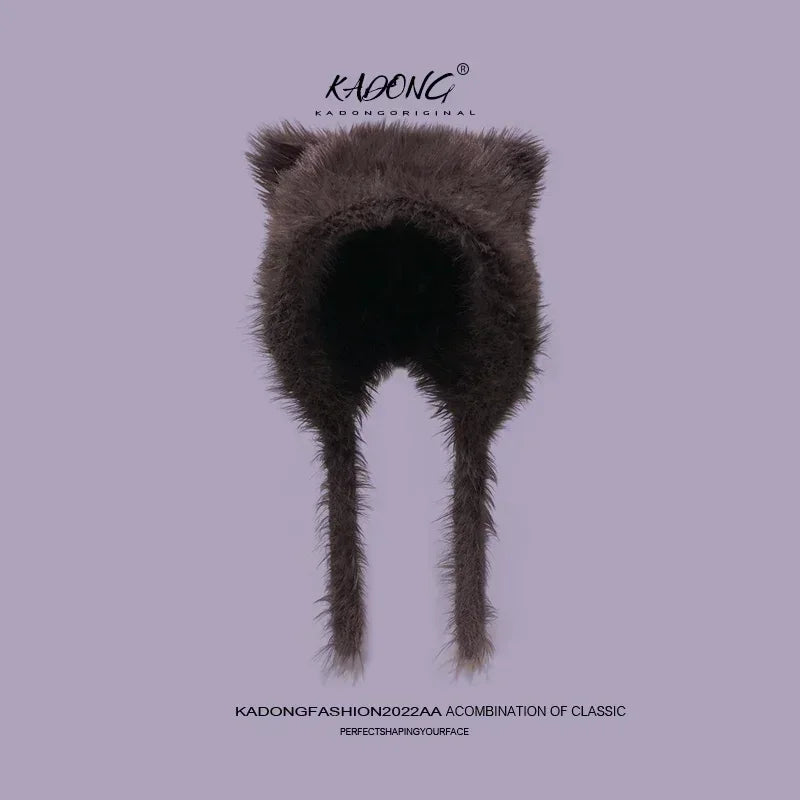 Damen Plüsch Katzenohr Mütze - Süße Koreanische Pullover Beanie mit Ohrschutz