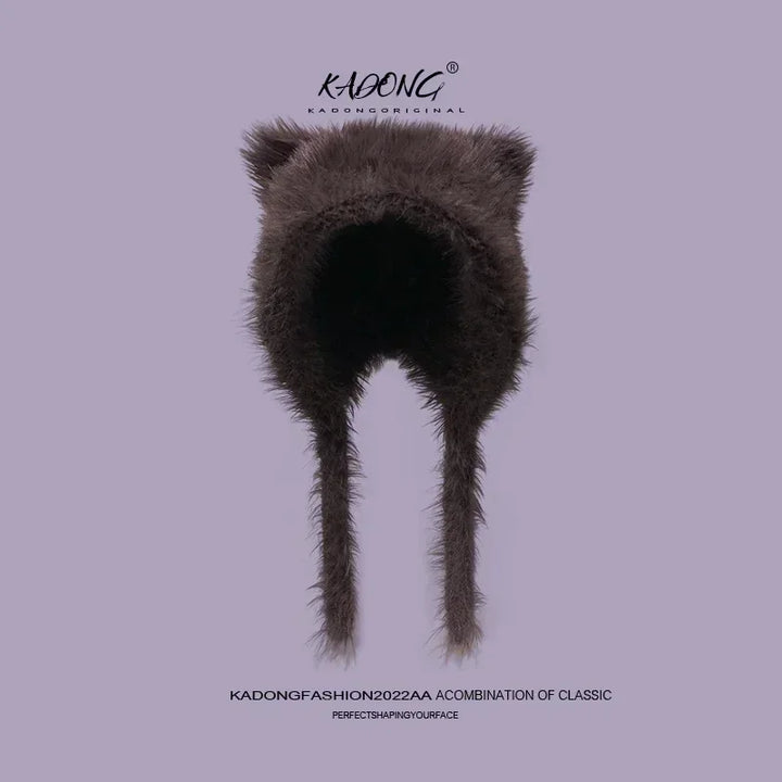 Damen Plüsch Katzenohr Mütze - Süße Koreanische Pullover Beanie mit Ohrschutz