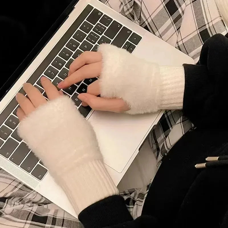 Damen Halbfinger Handschuhe - Weiche Strick Plüsch Luxus Winter Fäustlinge