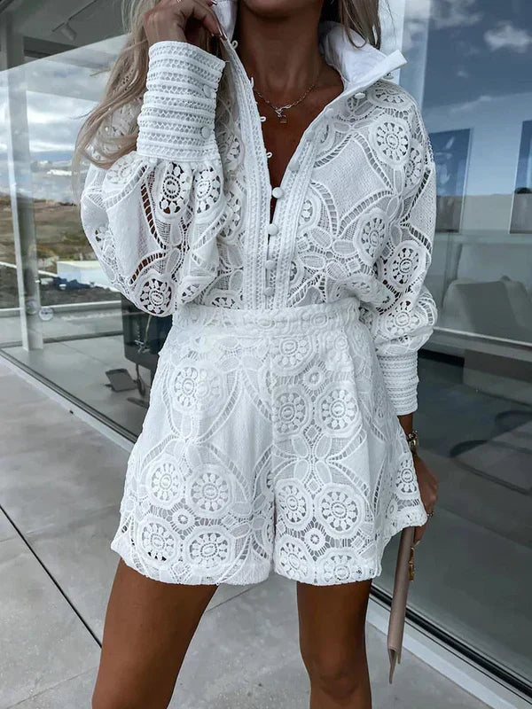 Maélie Zweiteiliges Damen Sommer-Set mit Boho-Spitze | Luftig, Unifarben & Ideal für Festivals