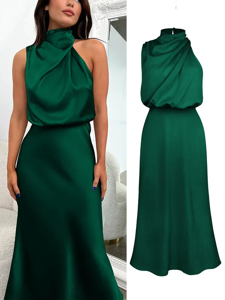 Elegantes Midikleid aus Satin | Asymmetrischer Ausschnitt & Sublimierte Silhouette