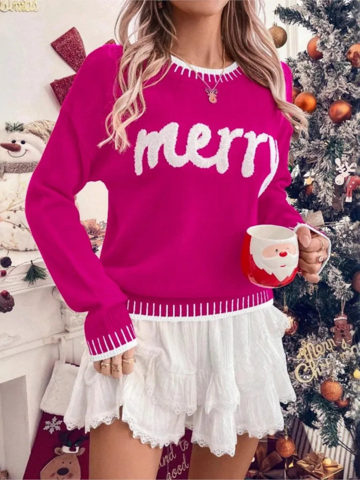 Weihnachtspulli Frauen gestickter Druck | Langarm lockerer Pullover Wollmischung