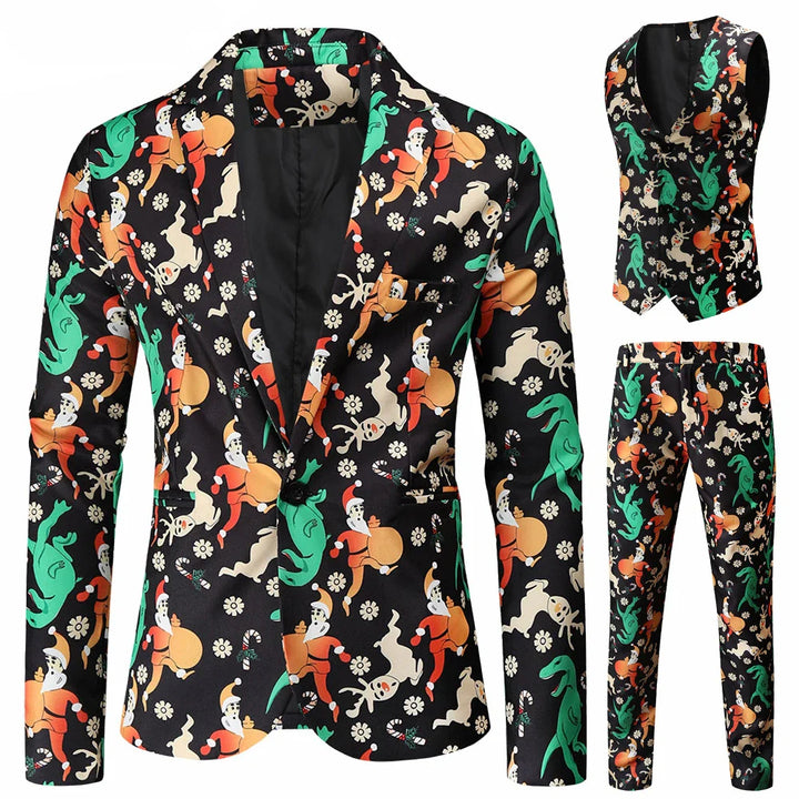 Herren 3-tlg. Weihnachtsanzug | Schneeflocke Blazer Hose Weste