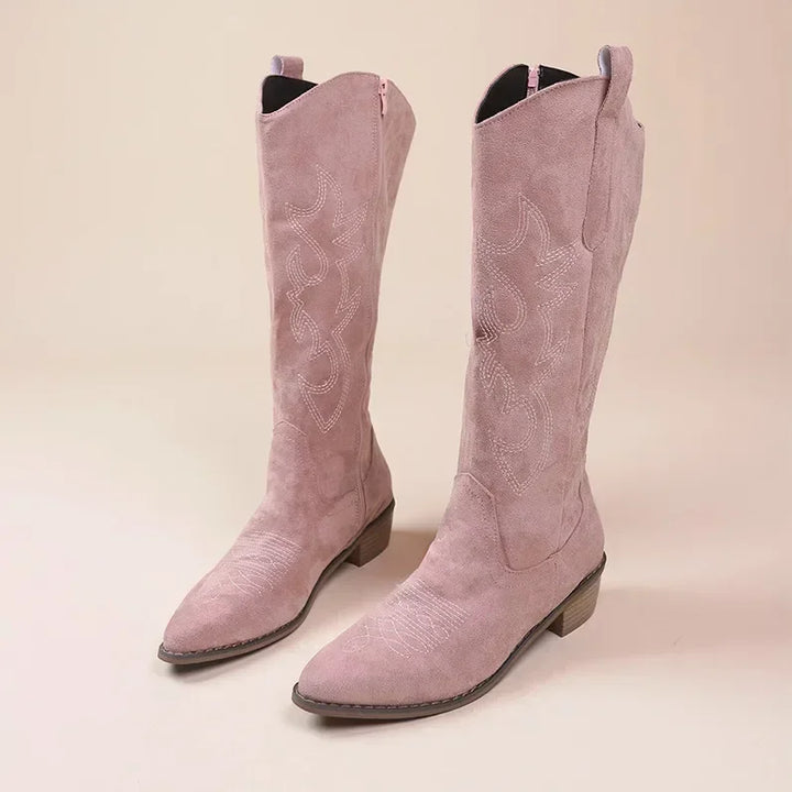 Botas vaqueras occidentales para mujer | Botas largas de piel sintética bordadas con tacón cuadrado y punta estrecha 