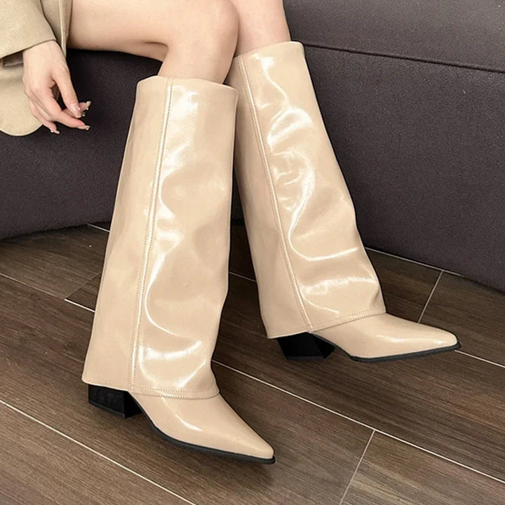 Hohe Chunky Lederstiefel für Damen | Kniehohe Chelsea Boots mit Blockabsatz und trendigem Design