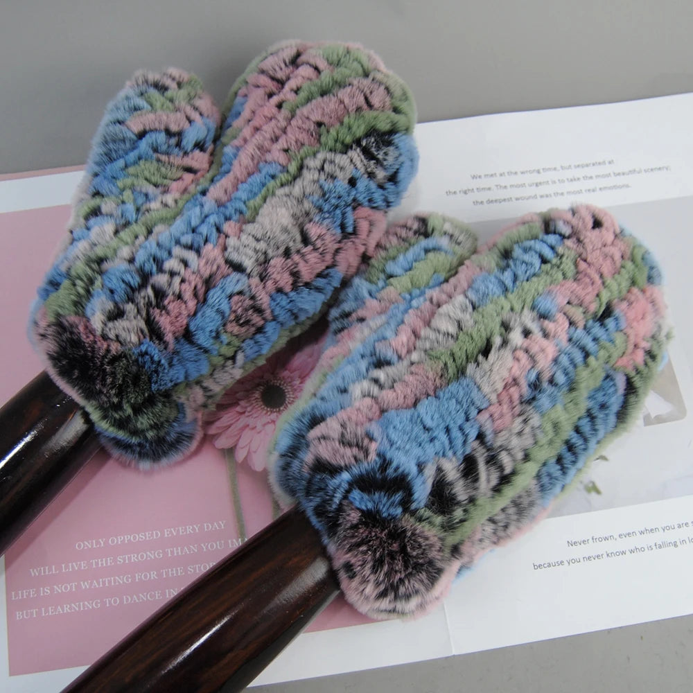 Damen Gestrickte Rex Kaninchen Fell Winterhandschuhe - Warme Weiche Fäustlinge