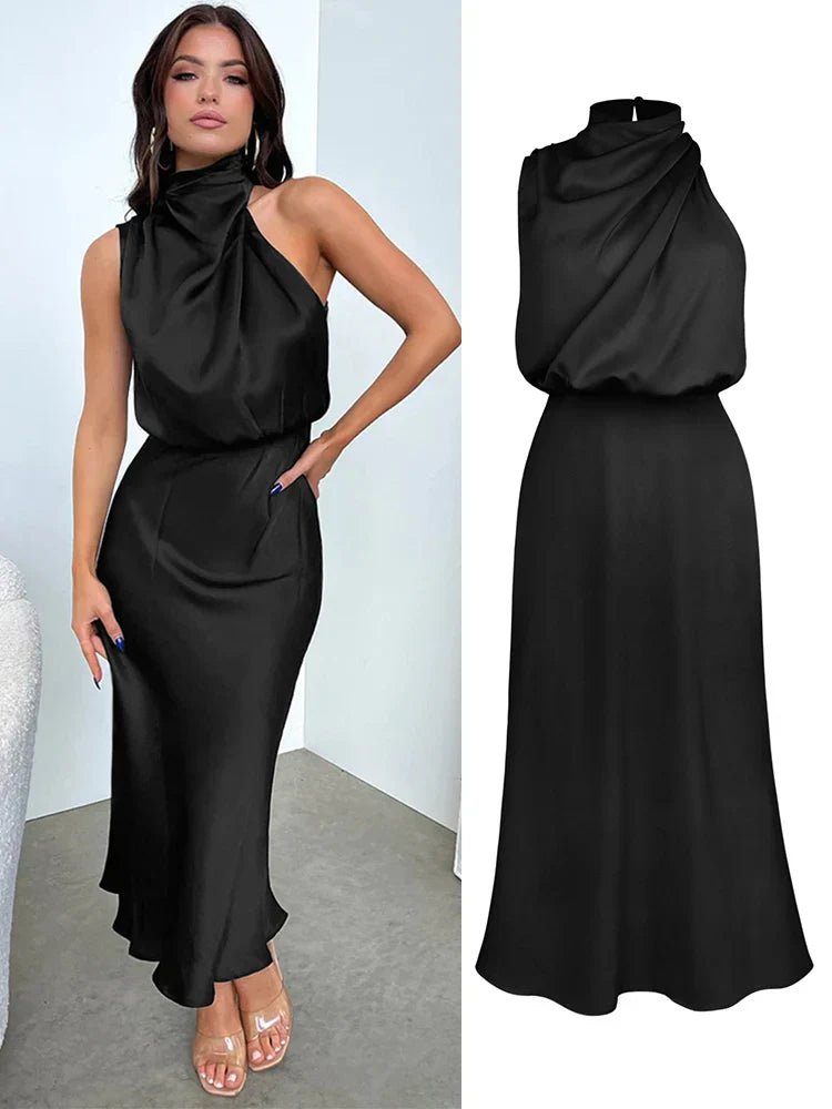 Elegantes Midikleid aus Satin | Asymmetrischer Ausschnitt & Sublimierte Silhouette