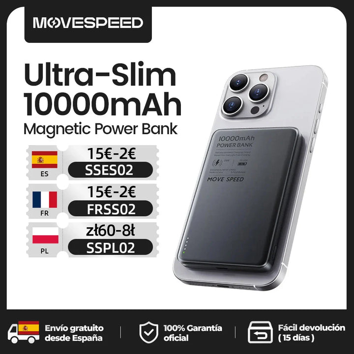 Batería externa magnética MOVESPEED S10 de 10 000 mAh | Carga rápida inalámbrica | Ultrafina y portátil 