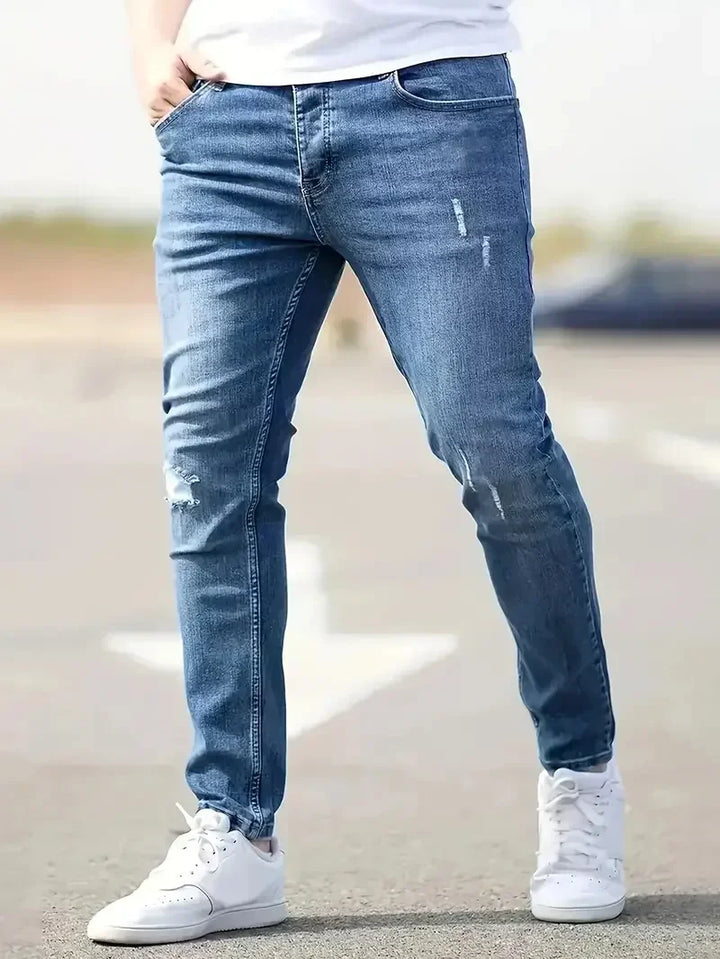 Herren Jeans Slim Fit | Elastische Stretch Röhrenjeans mit Reißverschluss in Blau & Schwarz