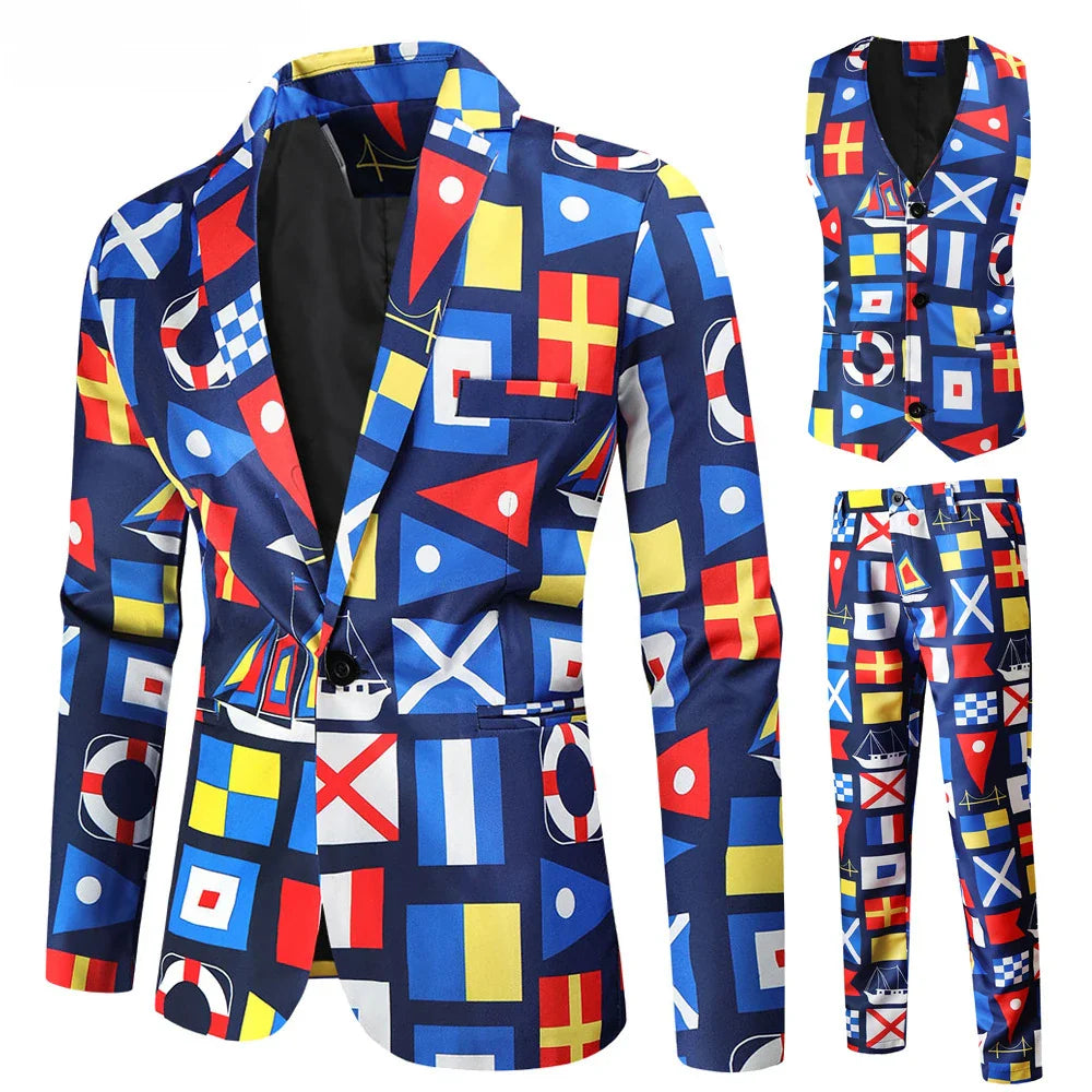 Herren 3-tlg. Weihnachtsanzug | Schneeflocke Blazer Hose Weste