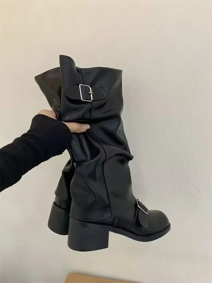 Punk Gothic Damen Kniehohe Stiefel | Plateau Lederstiefel mit Chunky Heels & Motorrad-Style