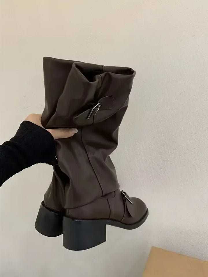 Punk Gothic Damen Kniehohe Stiefel | Plateau Lederstiefel mit Chunky Heels & Motorrad-Style