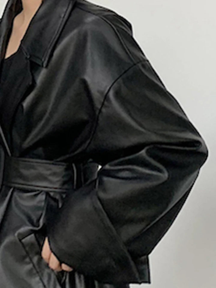 Damen Leder-Gabardina in Schwarz | Langer Oversize-Mantel mit Revers für Herbst