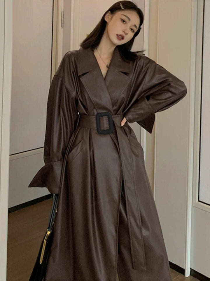 Damen Leder-Gabardina in Schwarz | Langer Oversize-Mantel mit Revers für Herbst