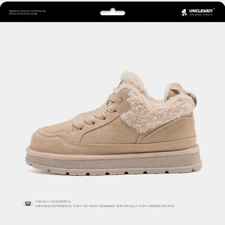 Damen Winterstiefel Leder | Pelz gefüttert dicker Boden Runde Zehe