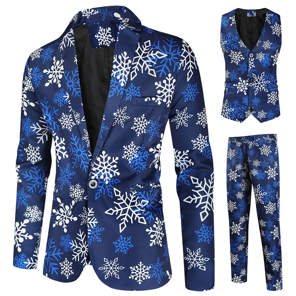 Herren 3-tlg. Weihnachtsanzug | Schneeflocke Blazer Hose Weste