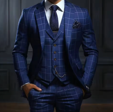 Marineblau karierte Luxusanzüge Slim Fit mit Kerbe