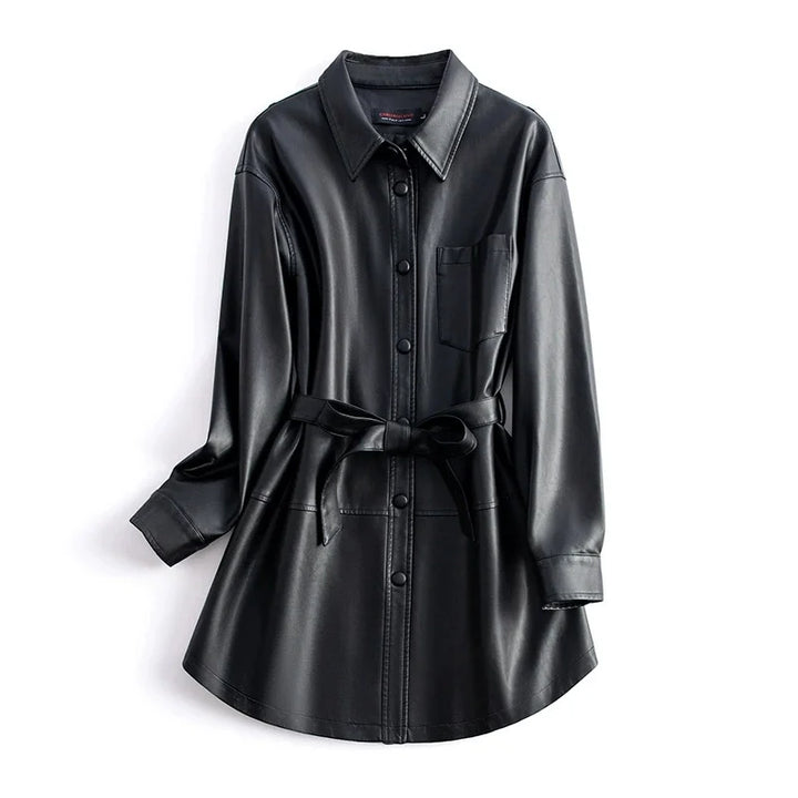 Damen Lederjacke in Grün | Modische Gabardina mit Gürtel für Frühling & Herbst