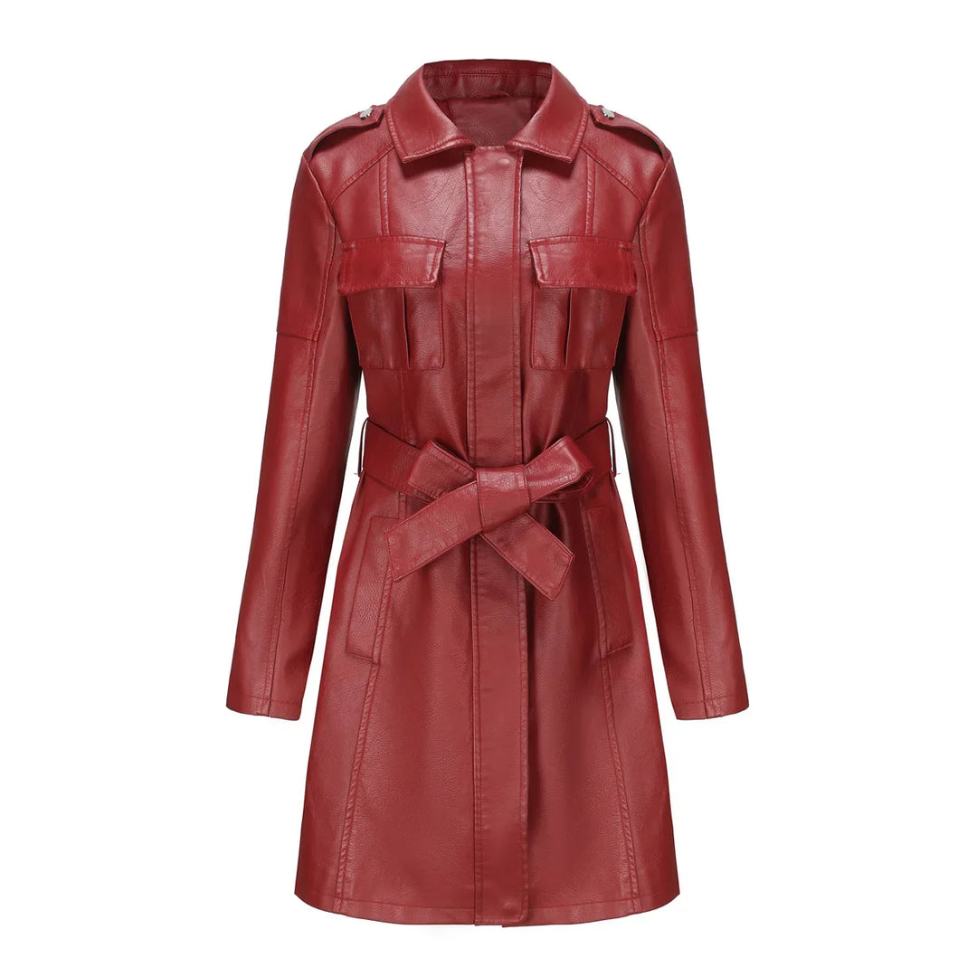 Damen Kunstledermantel | Mittellanger Trenchcoat mit Bindegürtel & Umlegekragen