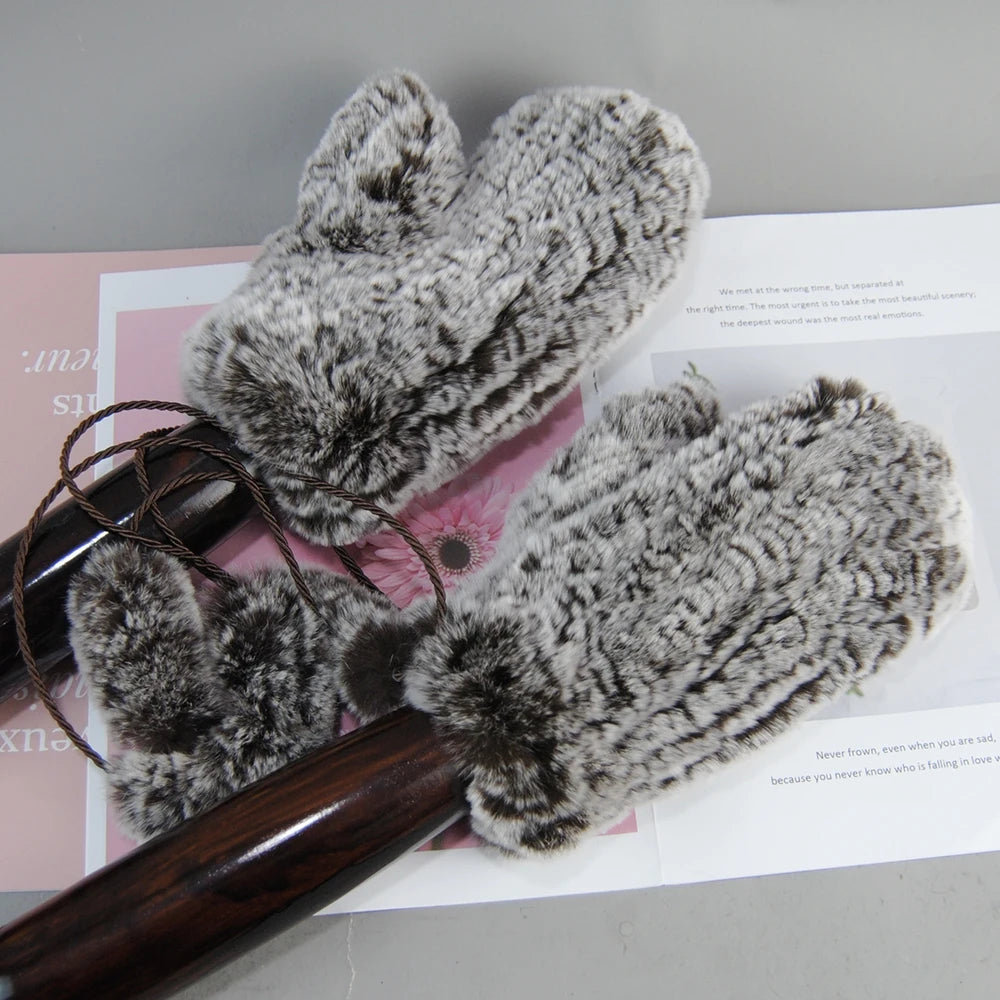 Damen Gestrickte Rex Kaninchen Fell Winterhandschuhe - Warme Weiche Fäustlinge