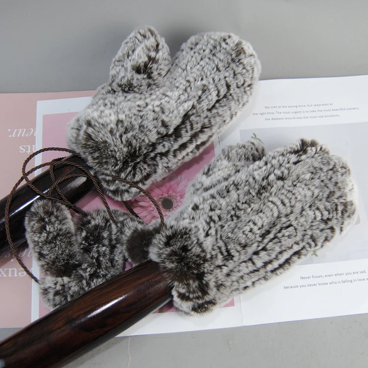 Damen Gestrickte Rex Kaninchen Fell Winterhandschuhe - Warme Weiche Fäustlinge