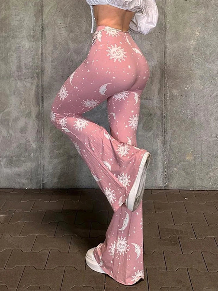 Pantalones de verano | Acampanados, estilo callejero informal Y2K, estampados coloridos, corte bajo