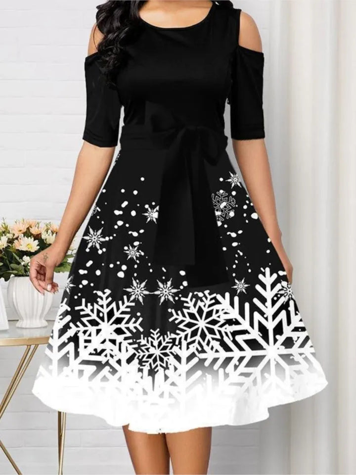 Damen Weihnachtskleid A-Linie | Schneeflocke Print Off-Shoulder Gürtel