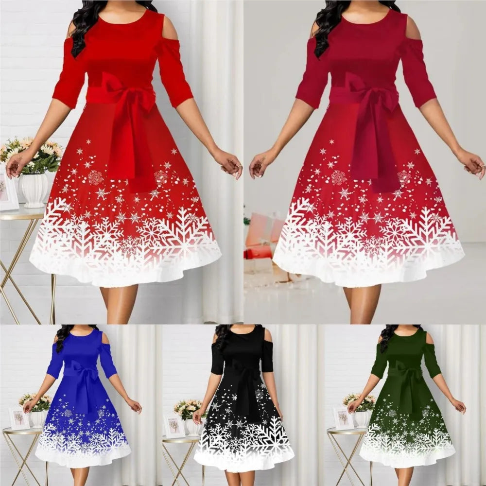 Damen Weihnachtskleid A-Linie | Schneeflocke Print Off-Shoulder Gürtel