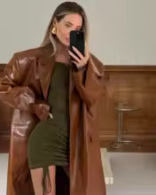 Damen Mantel in Braun | Eleganter PU-Leder Trenchcoat mit Einreiher für Herbst