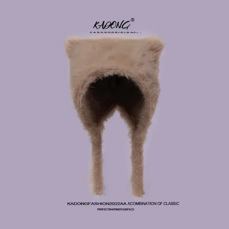 Damen Plüsch Katzenohr Mütze - Süße Koreanische Pullover Beanie mit Ohrschutz