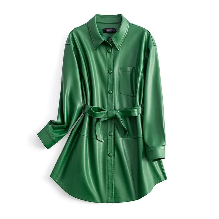 Damen Lederjacke in Grün | Modische Gabardina mit Gürtel für Frühling & Herbst