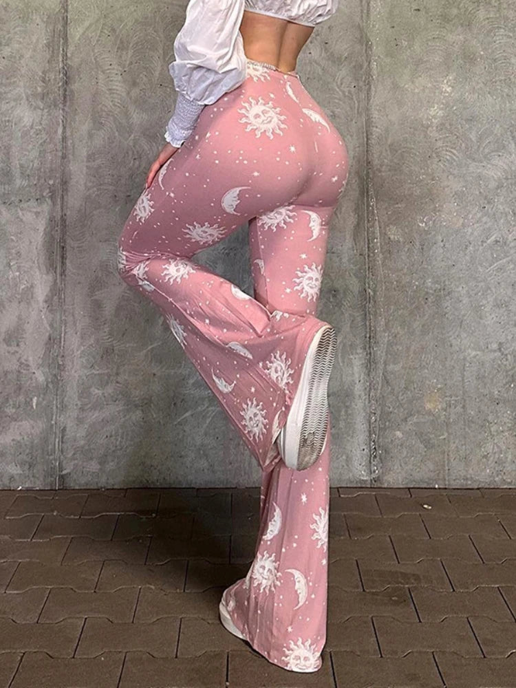 Pantalones de verano | Acampanados, estilo callejero informal Y2K, estampados coloridos, corte bajo