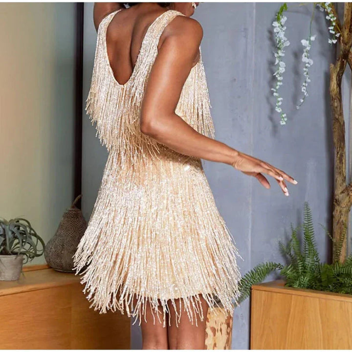 Noelle Cocktailkleid für Damen | Elegantes Abendkleid mit Federn, Rüschen & V-Ausschnitt