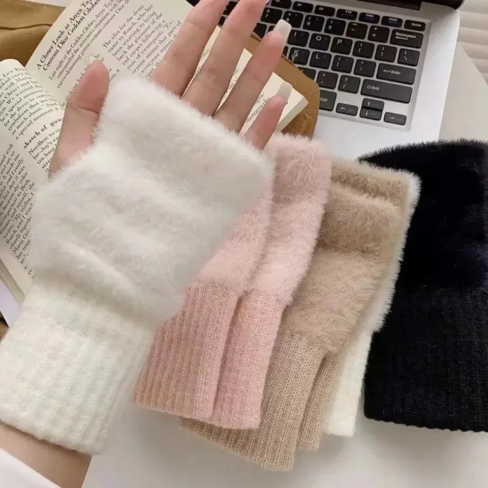 Damen Halbfinger Handschuhe - Weiche Strick Plüsch Luxus Winter Fäustlinge