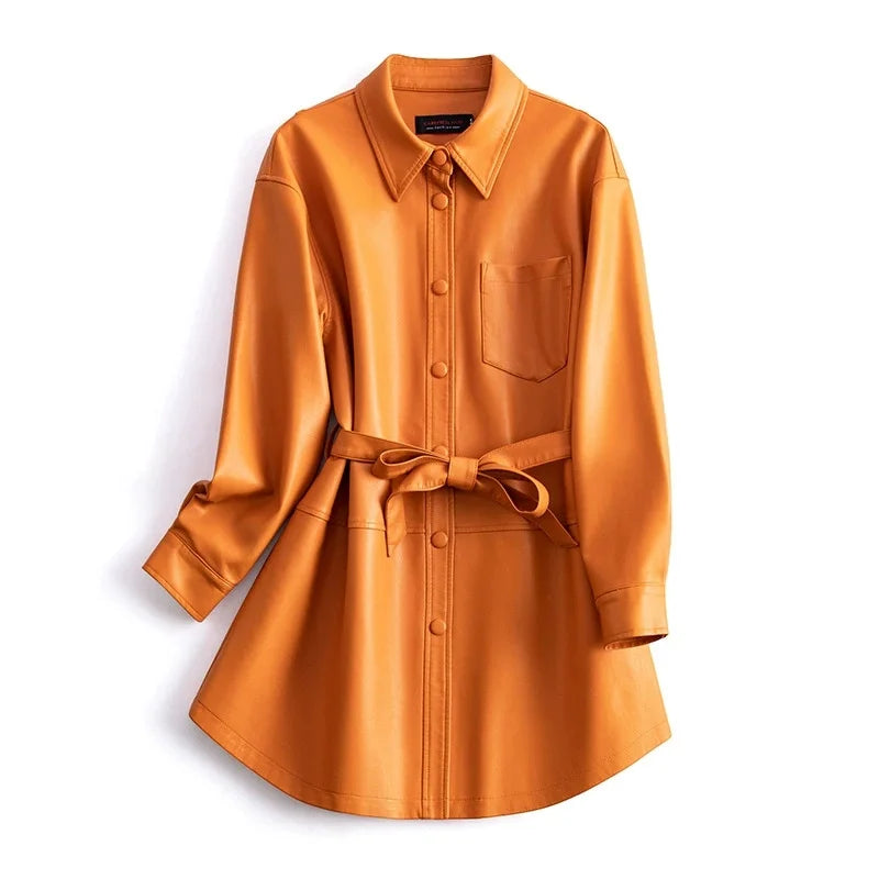 Damen Lederjacke in Grün | Modische Gabardina mit Gürtel für Frühling & Herbst