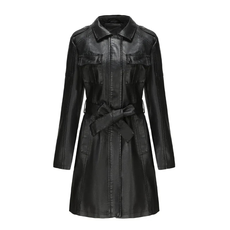 Damen Kunstledermantel | Mittellanger Trenchcoat mit Bindegürtel & Umlegekragen