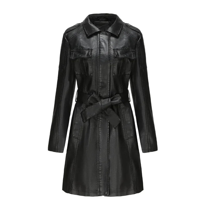 Damen Kunstledermantel | Mittellanger Trenchcoat mit Bindegürtel & Umlegekragen