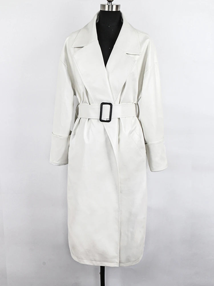 Damen Leder-Gabardina in Schwarz | Langer Oversize-Mantel mit Revers für Herbst