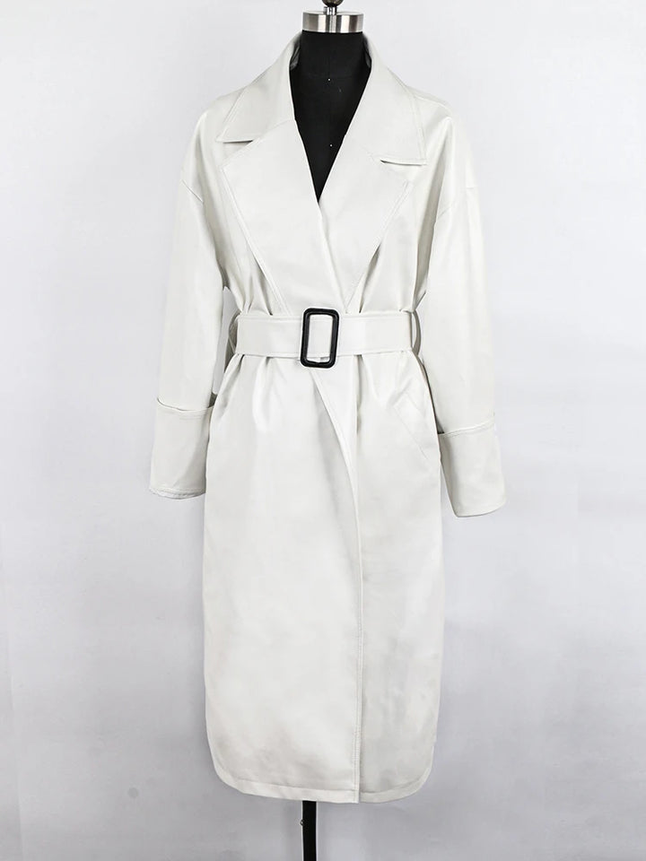 Damen Leder-Gabardina in Schwarz | Langer Oversize-Mantel mit Revers für Herbst
