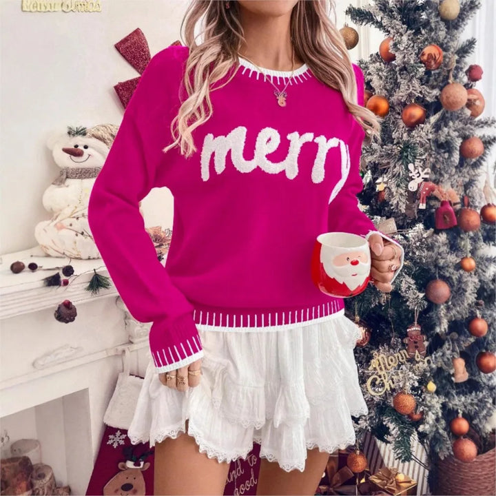 Weihnachtspulli Frauen gestickter Druck | Langarm lockerer Pullover Wollmischung