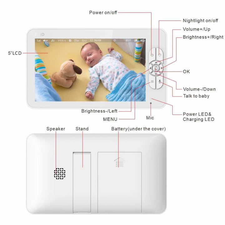 HD Babyphone mit 7" 1080p Bildschirm | 4x Zoom, 24h Akku, Nachtsicht, Ohne WiFi sicher