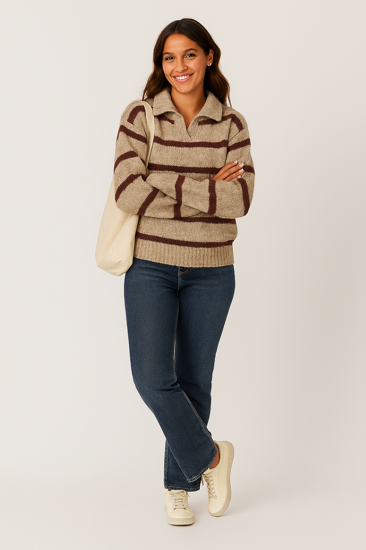 Gestreifter Damen Strickpulli mit Kragen | Weicher gestreifter Pullover Winter