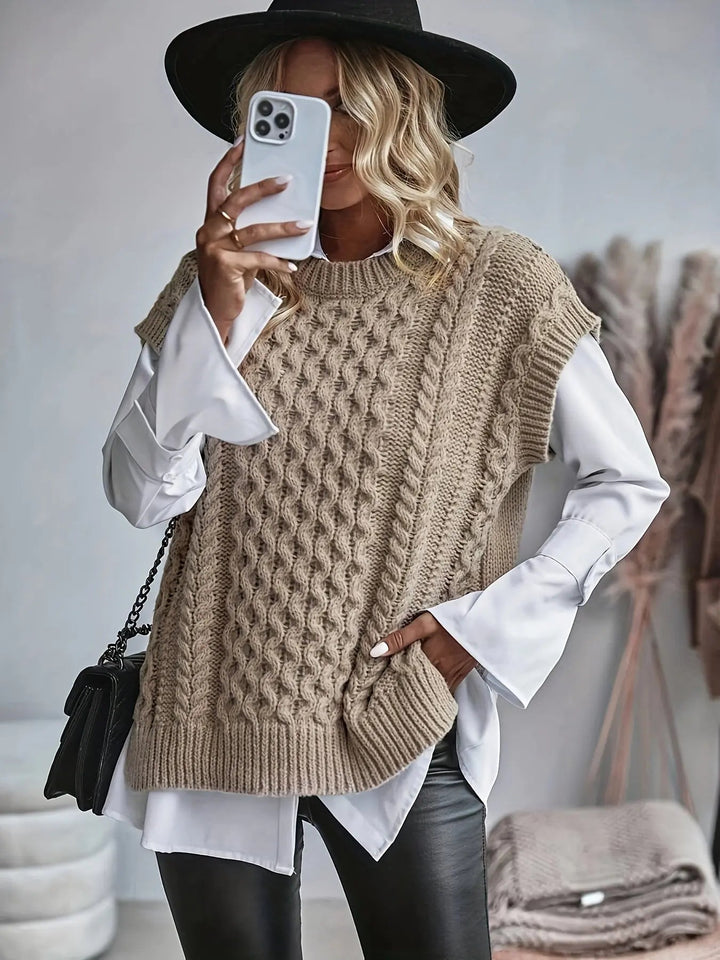 Damen-Strickweste mit Zopfmuster | Ärmelloser Pullover Layering