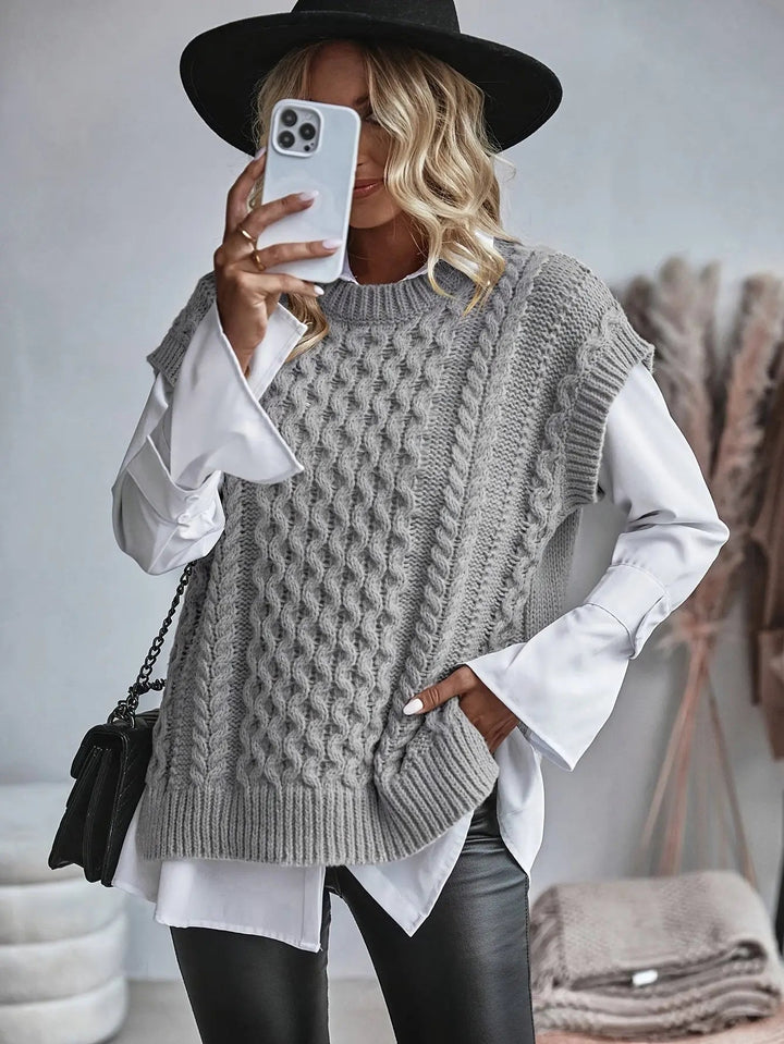 Damen-Strickweste mit Zopfmuster | Ärmelloser Pullover Layering