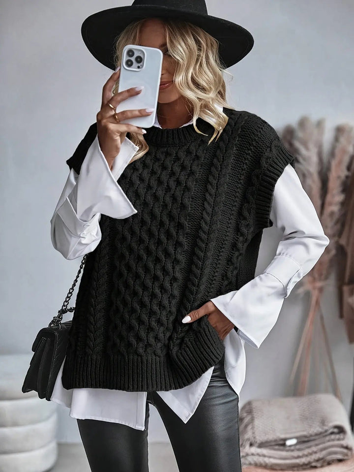 Damen-Strickweste mit Zopfmuster | Ärmelloser Pullover Layering