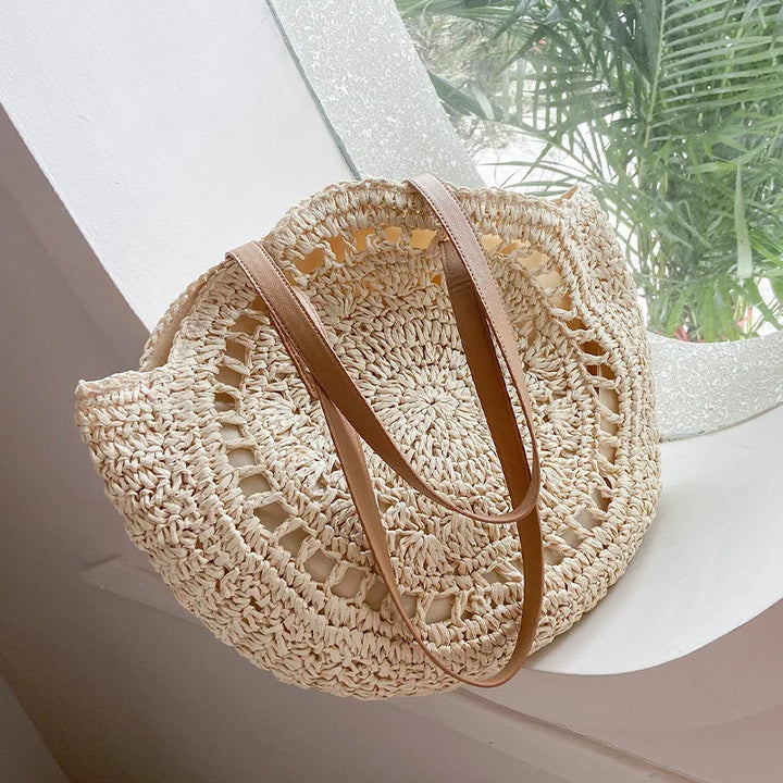 Runde handgewebte Strohtasche | Boho-Stil & Sommerlook | Ideal für Strand und Stadtleben