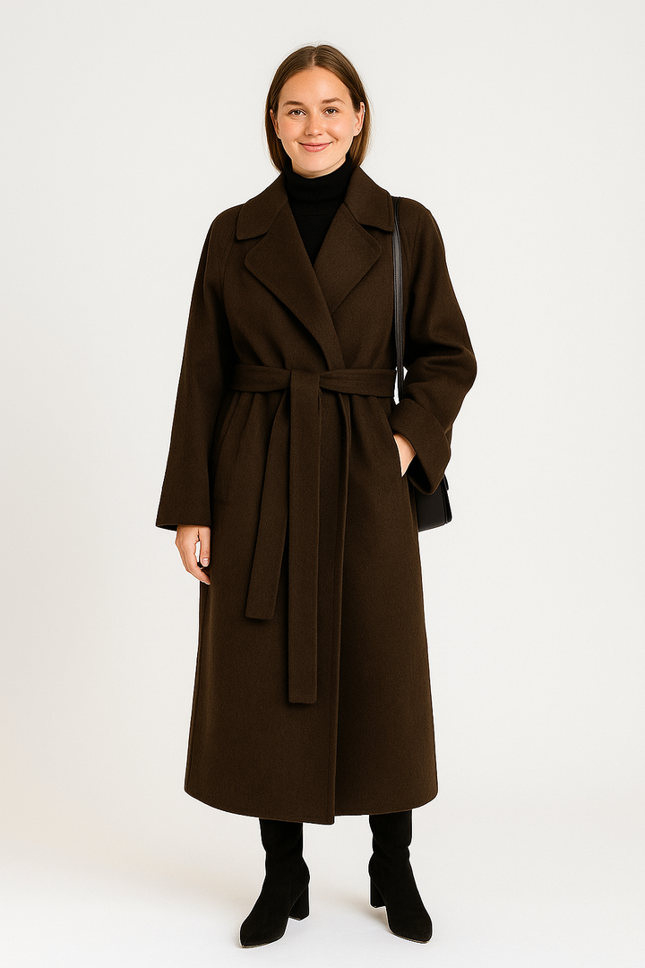 Damen Langer Wollmantel mit Taillengürtel | Klassischer Revers Warmer Winter