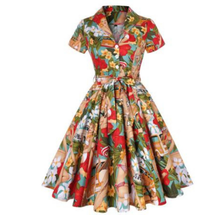 Sandrina - Sommerinspiriertes Kleid mit künstlerischem Print und Gürtel