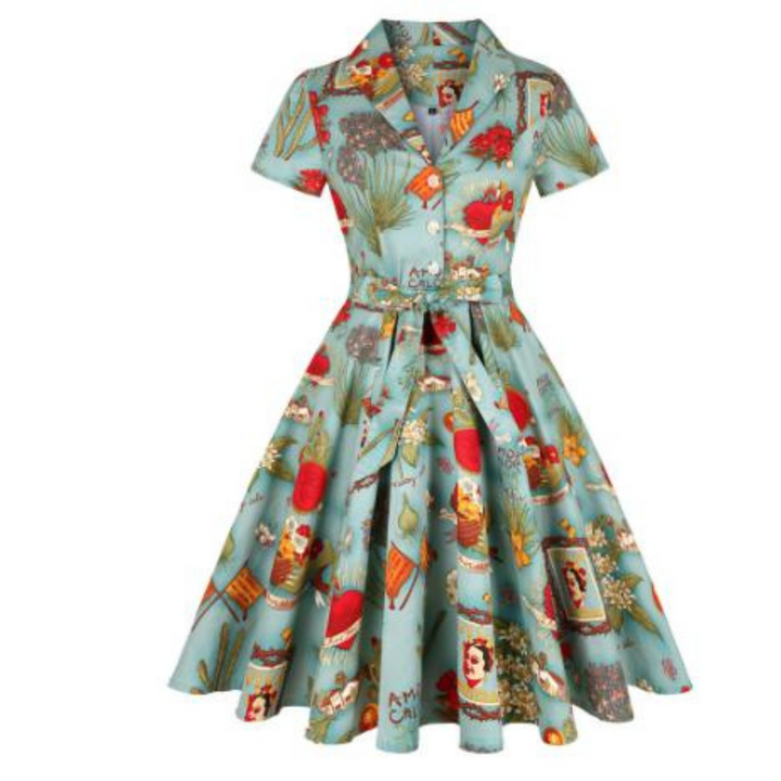 Sandrina - Sommerinspiriertes Kleid mit künstlerischem Print und Gürtel